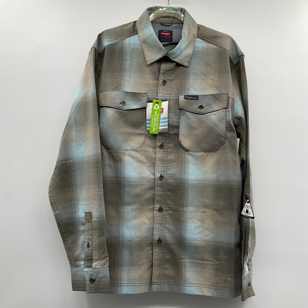 Wrangler Outdoor Shirt Plaid Grey Blue Medium Gorpcore Hiking Utilitarian Rugged
